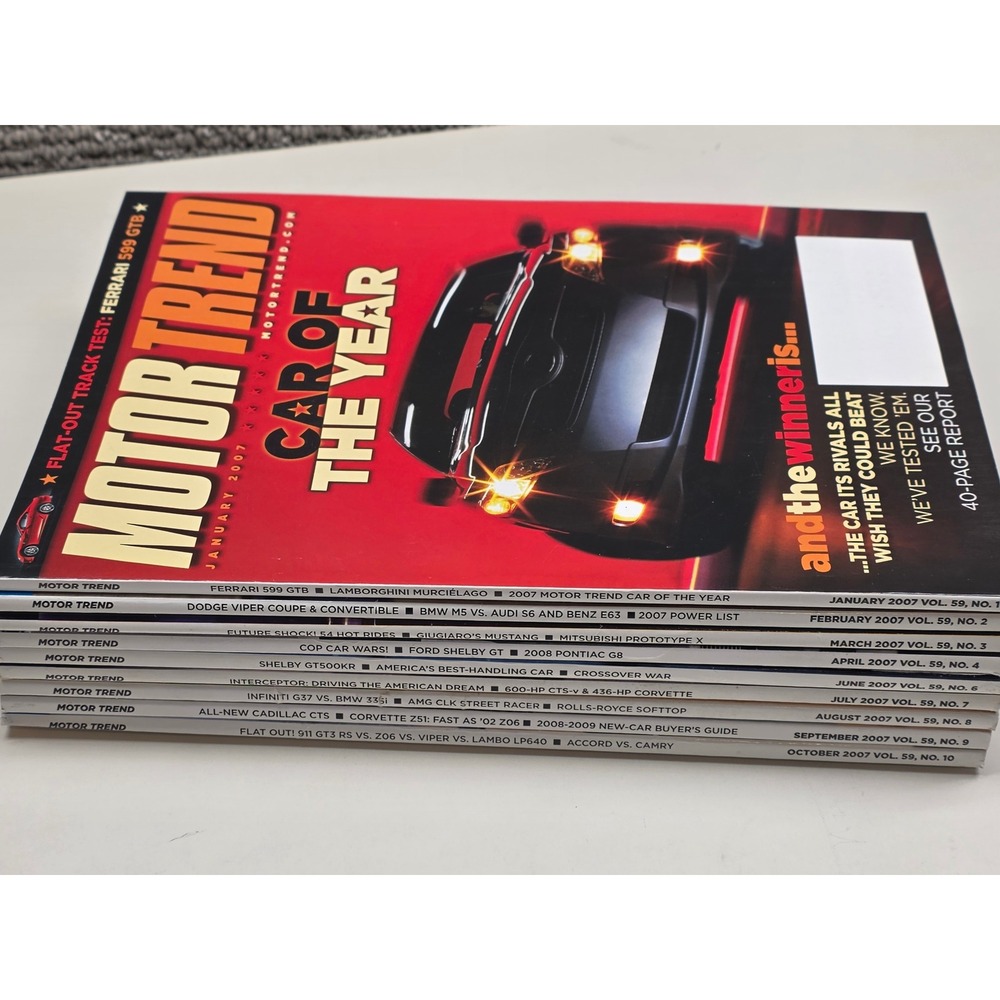 Motor Trend Magazine 2007 Lot of 9 Issues Jan-Oct Car of the Year Ferrari Shelby